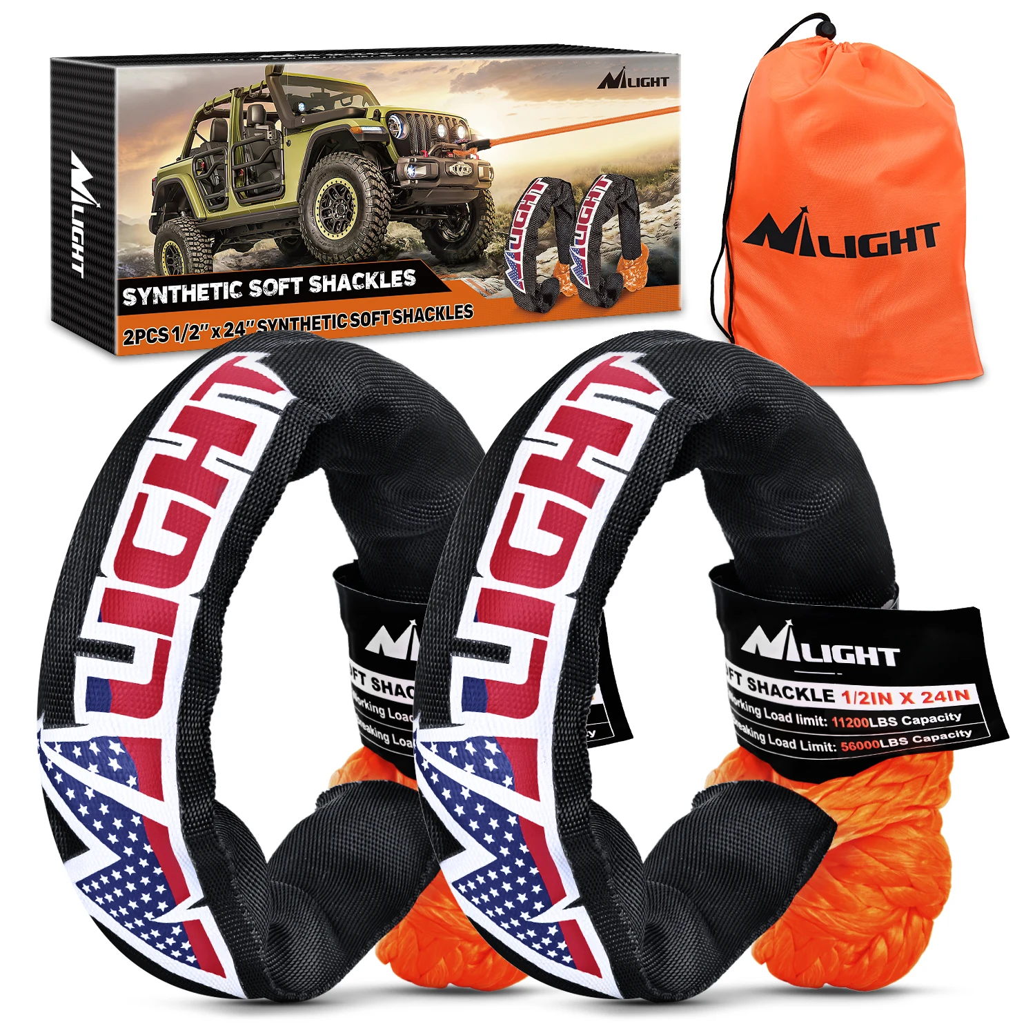 Nilight Synthetic Soft Shackle (56,000 LBS Breaking Strength) 1/2 Inch X 24 Inch 2PCS with Extra Sleeves for Sailing SUV Off Road Towing UTV ATV Trucks 4x4