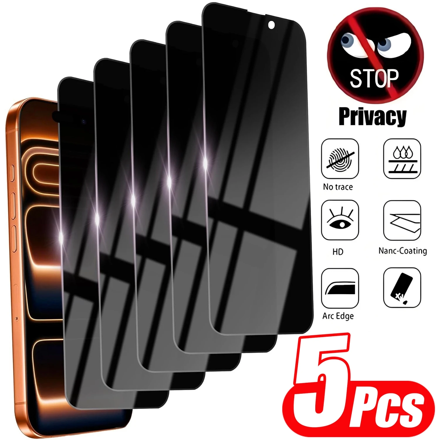 5 Stück Anti-Spy Displayschutzfolie für iPhone 11 12 13 14 15 16 17 Pro Max 14 15 16 Plus 16e 17 Air 17e Gehärtetes Glas Sichtschutzfolie