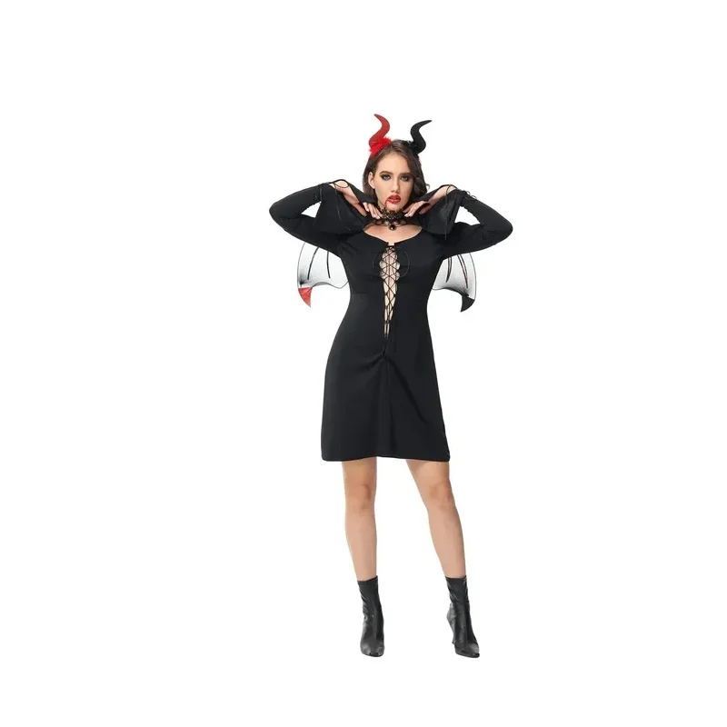 Disfraz de bruja malvada y diablo para parejas, disfraz de Halloween, traje de fiesta, traje de diablo para mujer con alas y accesorios para sombrero