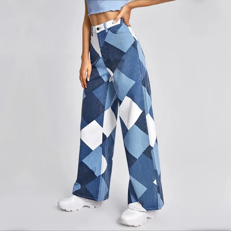 Women\'s Multi Color Stitching Printed Pants Straight Tube Printed Long Trousers Checkered Loose and Slim Wide Leg Pants