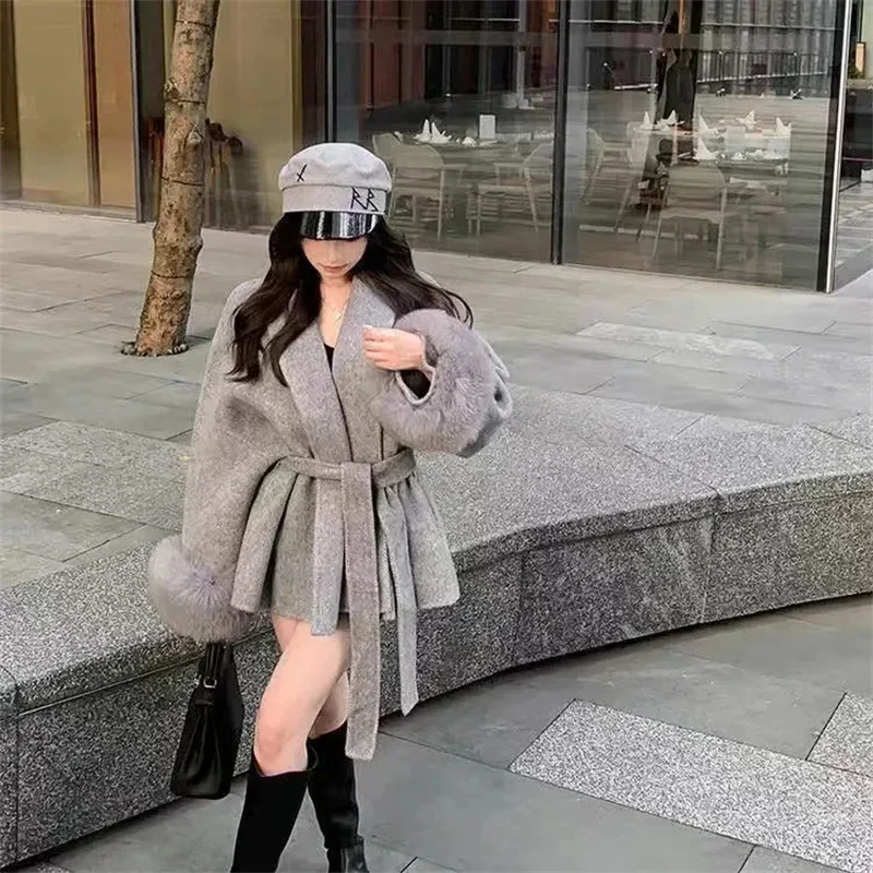 High-End Splicing Short Furry Sleeves Blend Wool Coats with Lace-u Strap Woolen Jacket with Spring and Autumn Long Sleeves Loose