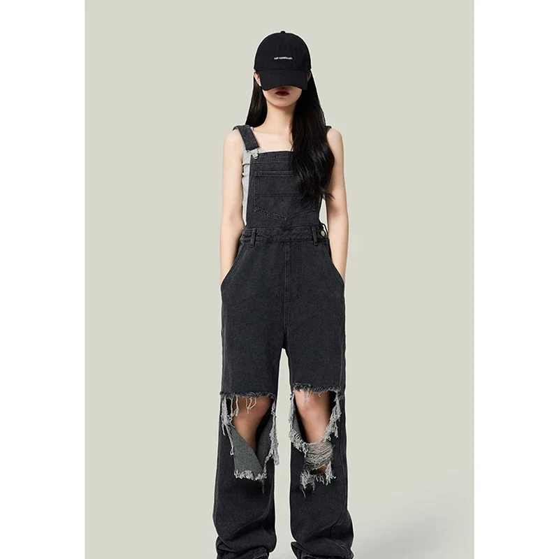 Women Black Straps Jeans Vintage Ripped Wide Leg Pants High Waist Casual Fashion Straight Baggy Denim Trouser Ladies Summer