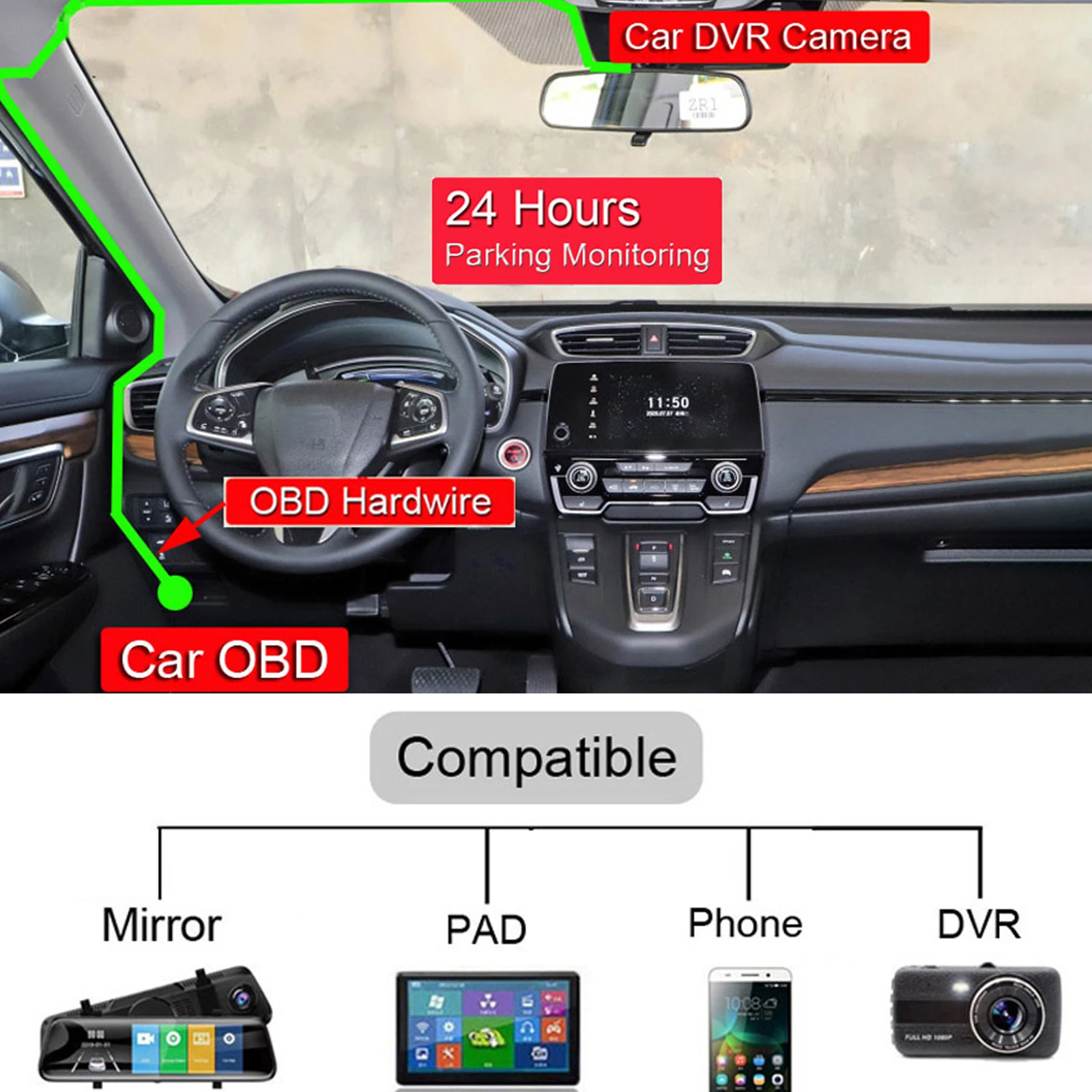 Cable de carga USB para coche, Kit de cables duros OBD con interruptor para cámara de salpicadero, DVR para vehículo, monitoreo de estacionamiento,