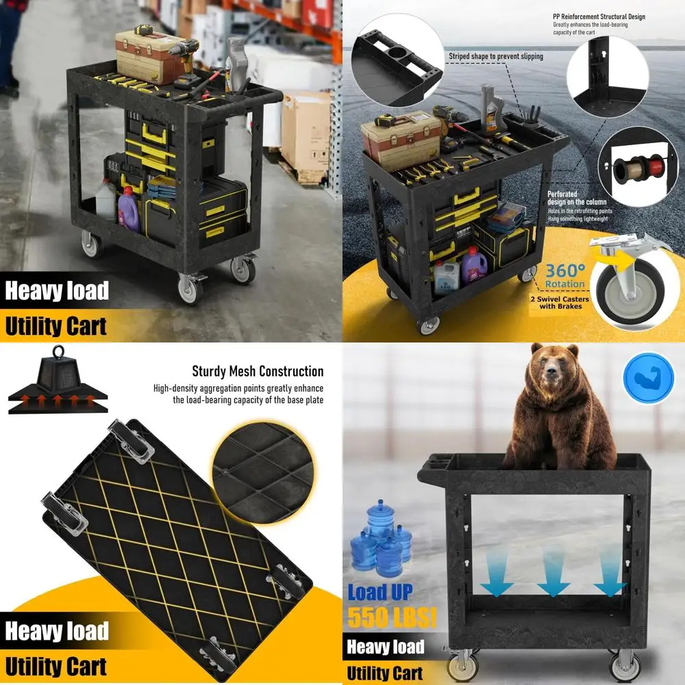 

Прочная пластиковая тележка для инструментов 34 x 17 дюймов с 2 глубокими полками, грузоподъемность 550 фунтов, для гаража, мастерской и склада