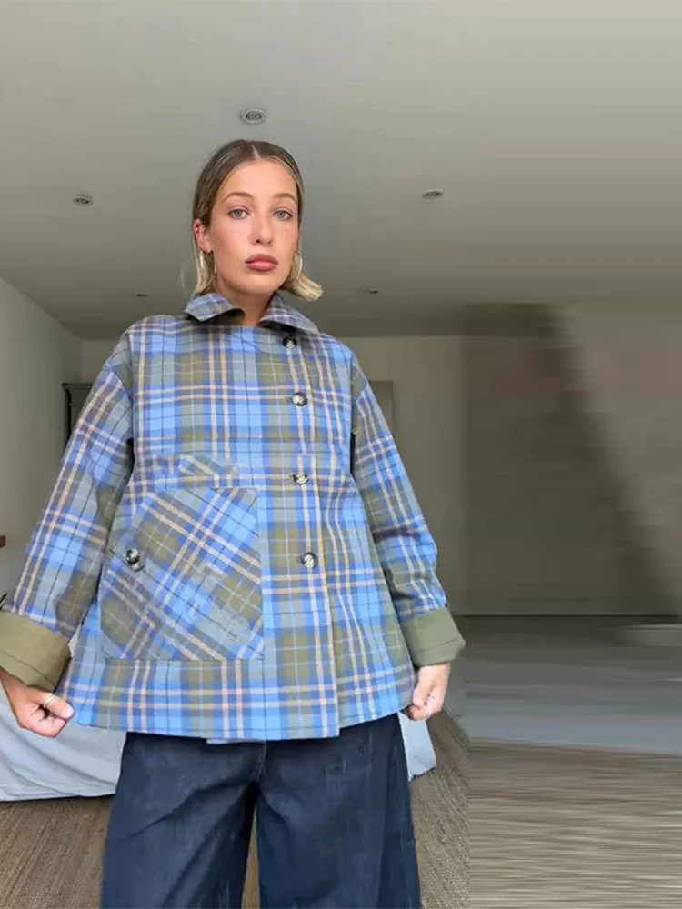 เสื้อโค้ททรงเทรนช์แบบกลับด้านได้ ลายสก็อตวินเทจ ปักลาย สำหรับผู้หญิง กระดุมแถวเดียว มีกระเป๋า แขนยาว แจ็คเก็ต ฤดูใบไม้ร่วง 2025 สไตล์สตรีทแวร์