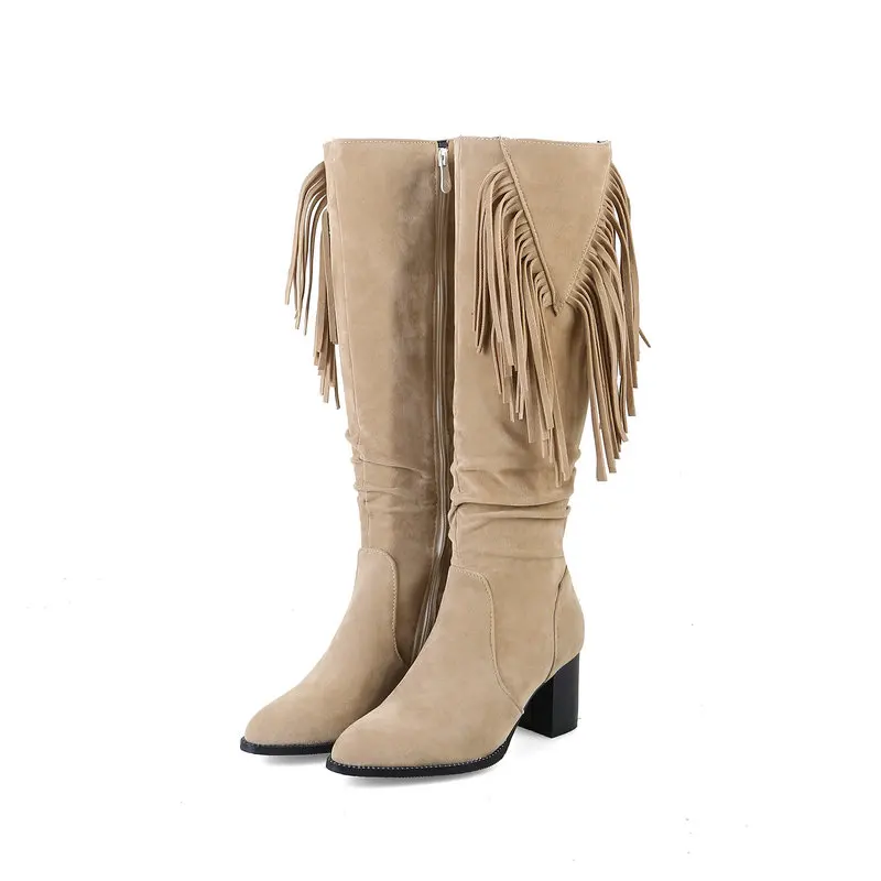 Faux Suede Army Green Olive Beige Western Shoes Round Toe Block High Heels Women Knee High Cowboy Boots With Tassel Fringes