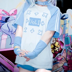 Subculture Y2K Short Sleeve Tops Cartoon Blue Japanese Harajuku Women T-shirt Female Summer 2024 Casual Cosplay Anime Tees