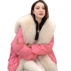 Parka de comprimento médio feminina com pele de raposa falsa, pele de algodão, gola de marinheiro, jaqueta colorida brilhante, casaco feminino, roupas de inverno