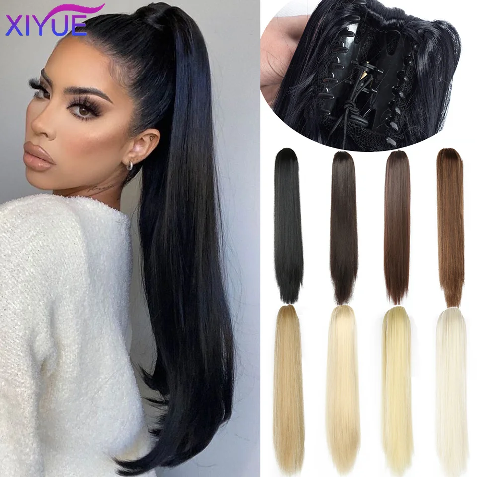 XIYUE Long Straight Ponytail Hair Extensions For Women Synthetic Claw On Ponytail Hairpiece Black Blonde Brow