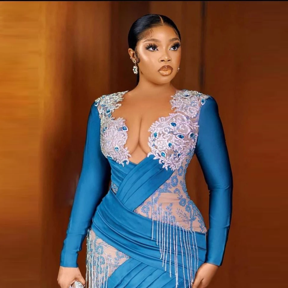 African Plus Size Short Cocktail Dress With Beading Tassel Crystal Long Sleeve Shprt Party Dress Birthday Gowns For Photo Shoot