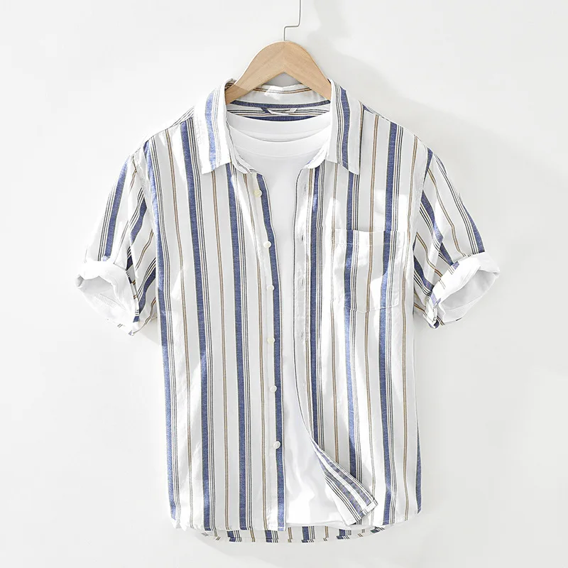 

2024 Men's Summer Thin Cotton and Linen Shirt Youth Fresh Striped Square Collar Short Sleeve Shirt