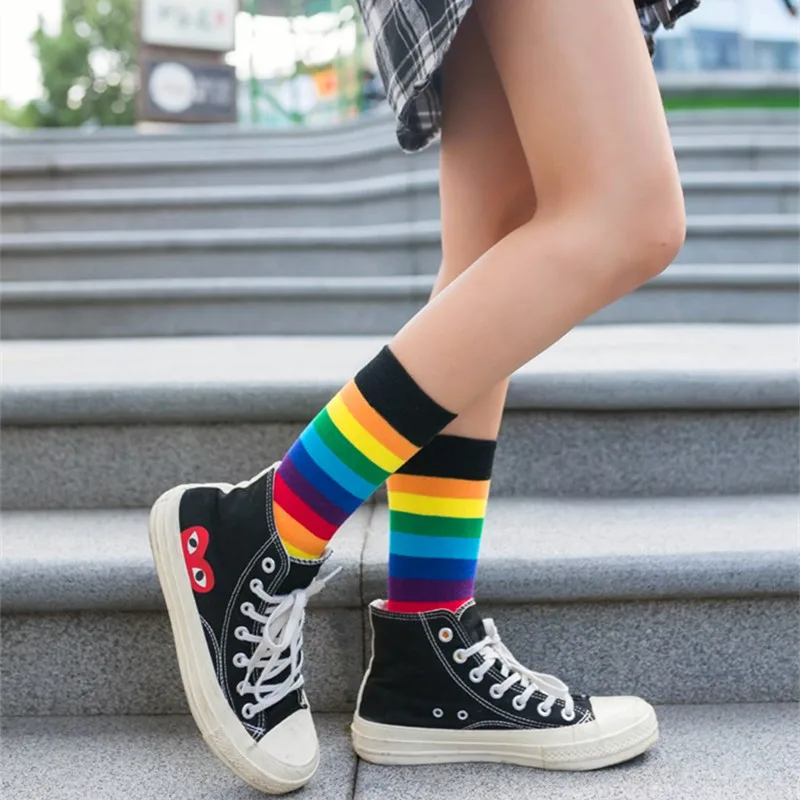 Fashion Cotton Elasticity Sweat Women Long Socks Candy HAPPY Rainbow Striped Spring Girls Crew Lady Harajuku Christmas Lovely