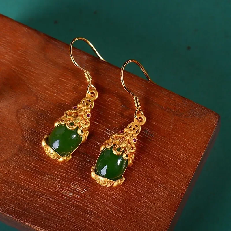 2021 autumn original new ancient gold craftsmanship inlaid natural Hetian jade brave green earrings exquisite ladies jewelry