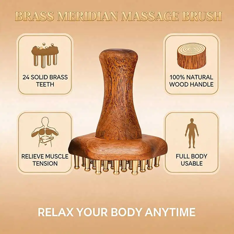 Portable 24 SOLID BRASS TEETH WOOD HANDLE Meridian BRUSH NECK SHOULDER BODY MASSAGE RELIEVE STRESS FATIGUE guasha FAT BURNING