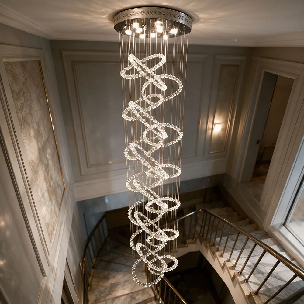 Spiral Swirl Crystal Chandelier LED Long Cable Pendant Light Luxury Staircase Villa High Ceiling Hanging Lamp
