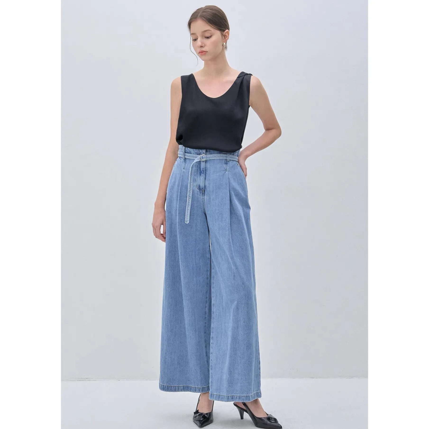 Jeans a gamba larga a vita alta Casual vestibilità ampia formaggio al limone MIN25 Cintura a pieghe autunnale Jeans casual da donna