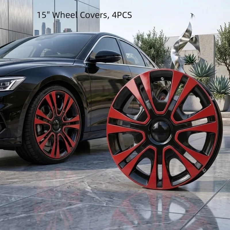 4Pcs 15 Inch Universal Car Wheel Covers Hubcaps Decorative Auto Hub Caps Set Silver White Red Rim Protectors Styling Accessories