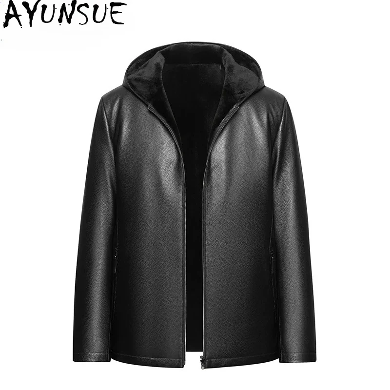 AYUNSUE Top Quality Deerskin Genuine Leather Jacket Men Winter Reversible Sheared Mink Fur Liner Jacket Hooded Natural Fur Parka
