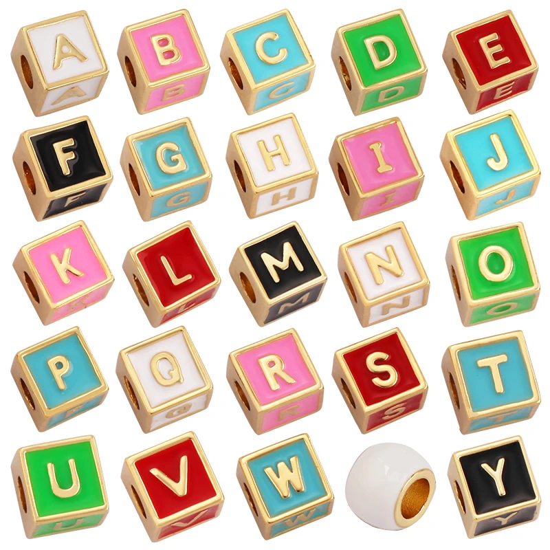 Square Cube Fashion Colorful Enamel Oil Dropped Initial Letter Name A-Z Beads,18K Gold Plated,Jewelry Necklace Findings P15
