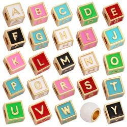 Square Cube Fashion Colorful Enamel Oil Dropped Initial Letter Name A-Z Beads,18K Gold Plated,Jewelry Necklace Findings P15