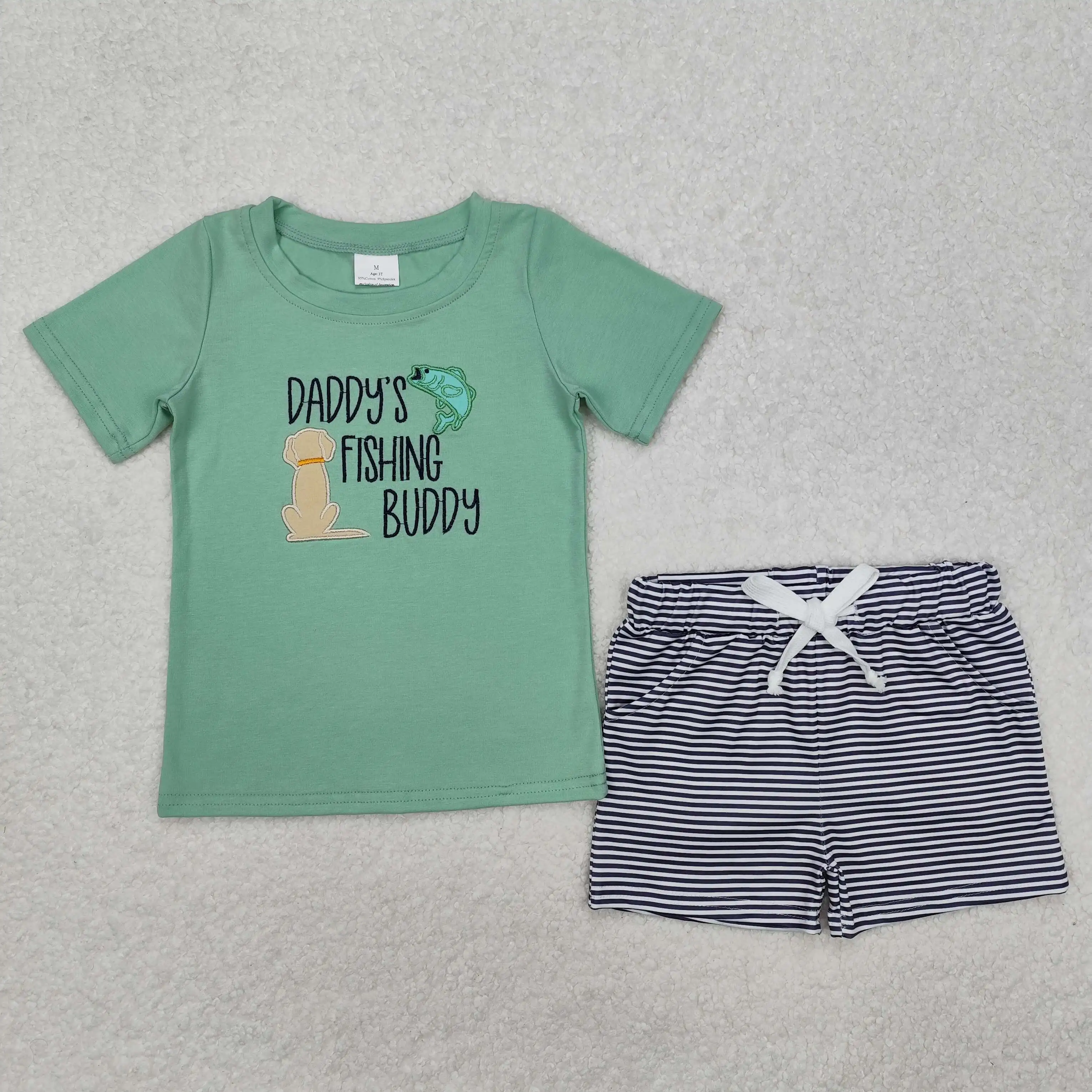 

New rts baby boys summer suits wholesale boutique embroidery daddy's fishing buddy fish puppy green short sleeve striped shorts