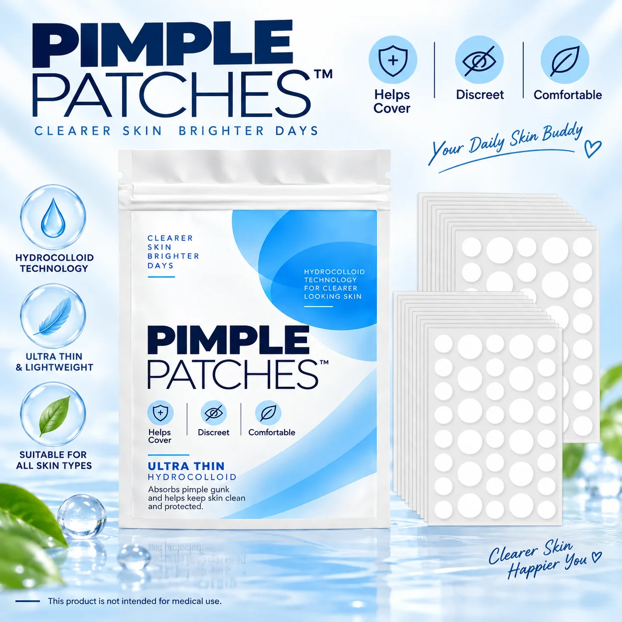 Acne patches, hydrogel acne concealer patches, daily facial care patches, blemish concealment
