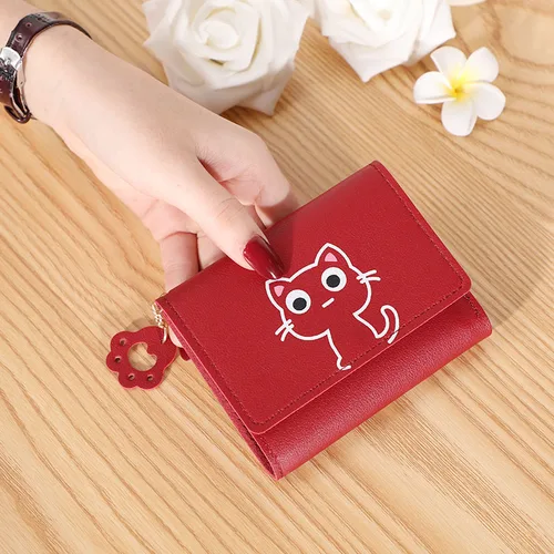 Imagen 2 del producto Cartera de gato bonita para mujer, monedero pequeño corto de cuero PU, tarjetero para mujer, monedero con cerrojo, llavero, cartera de moda, regalo para niñas