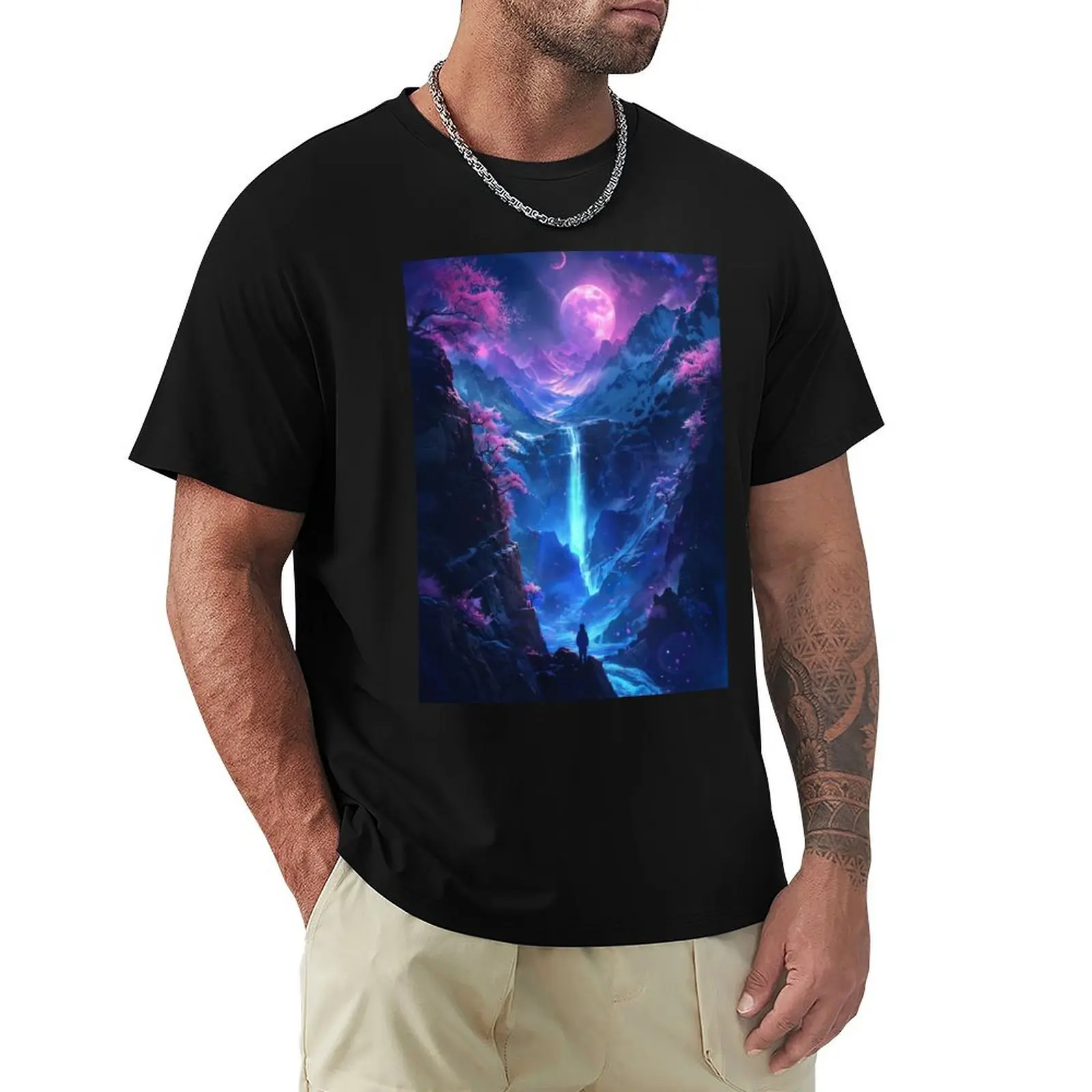 Neon Nights: Tranquil Dreamscapes of a Japanese Mountain Lake Illuminated by the Serene Glow of Neon Lights T-Shirt