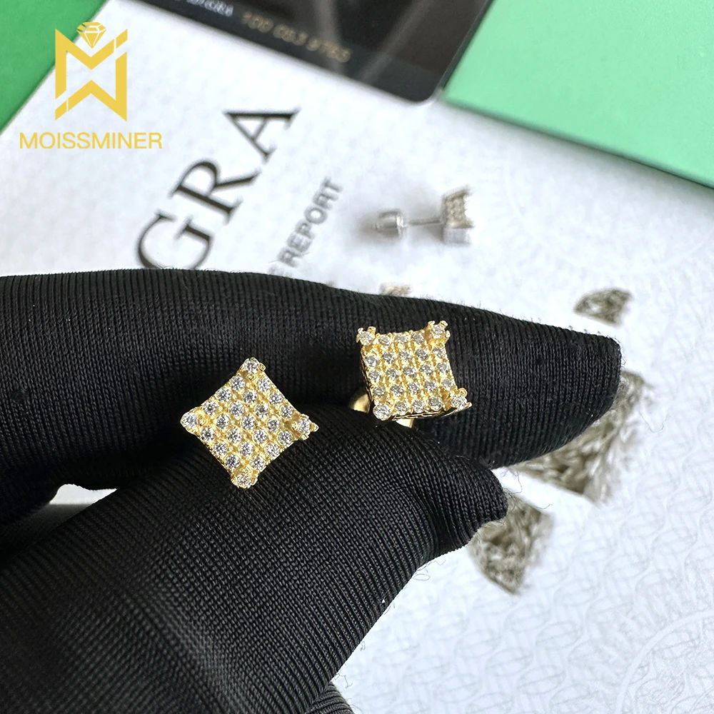 Square Moissanite Earrings S925 Silver Real Diamond Iced Out Ear Studs For Women Men High-End Jewelry Pass Tester Free Shipping