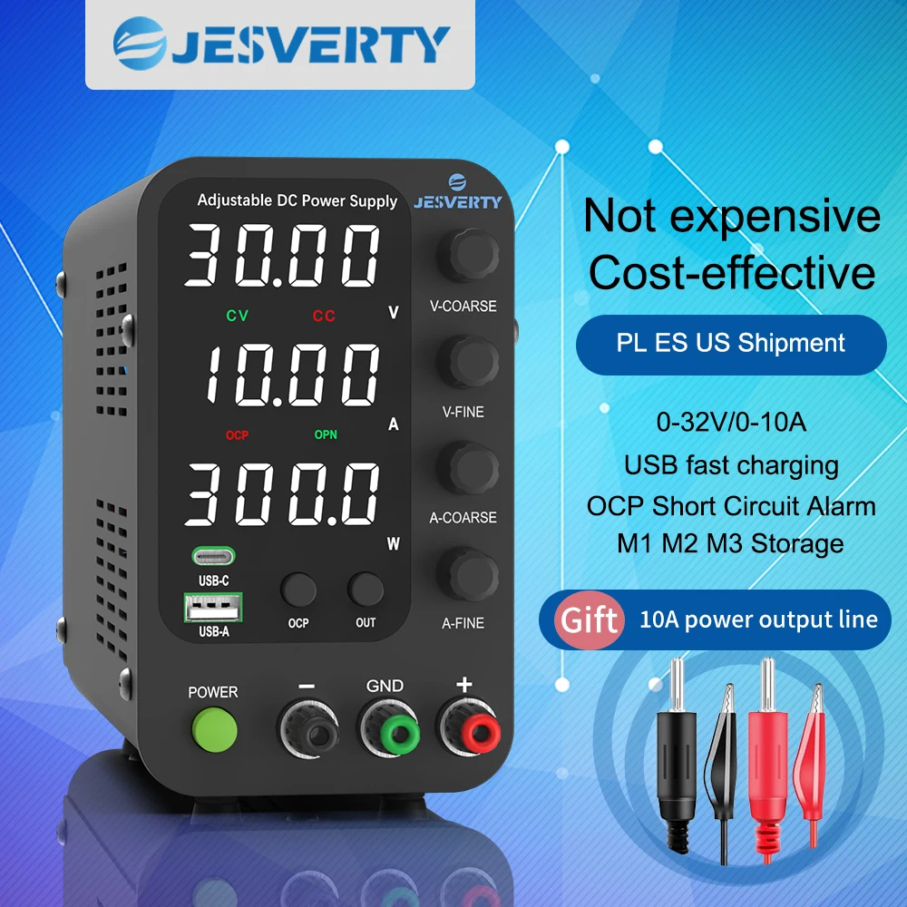 JESVERTY Spedizione gratuita EU PLUG 30V10A Alimentatore da banco con commutazione con carica USB Type-C da 20 W Display LED a 4 cifre SPS-3005 3010 V