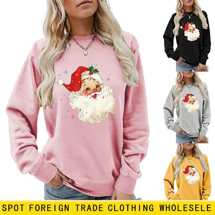 Santa Claus O-neck Long Sleeved Pullover Autumn Winter Women's Hoodie Cartoon Printed Casual Base Shirt Women's Clothing