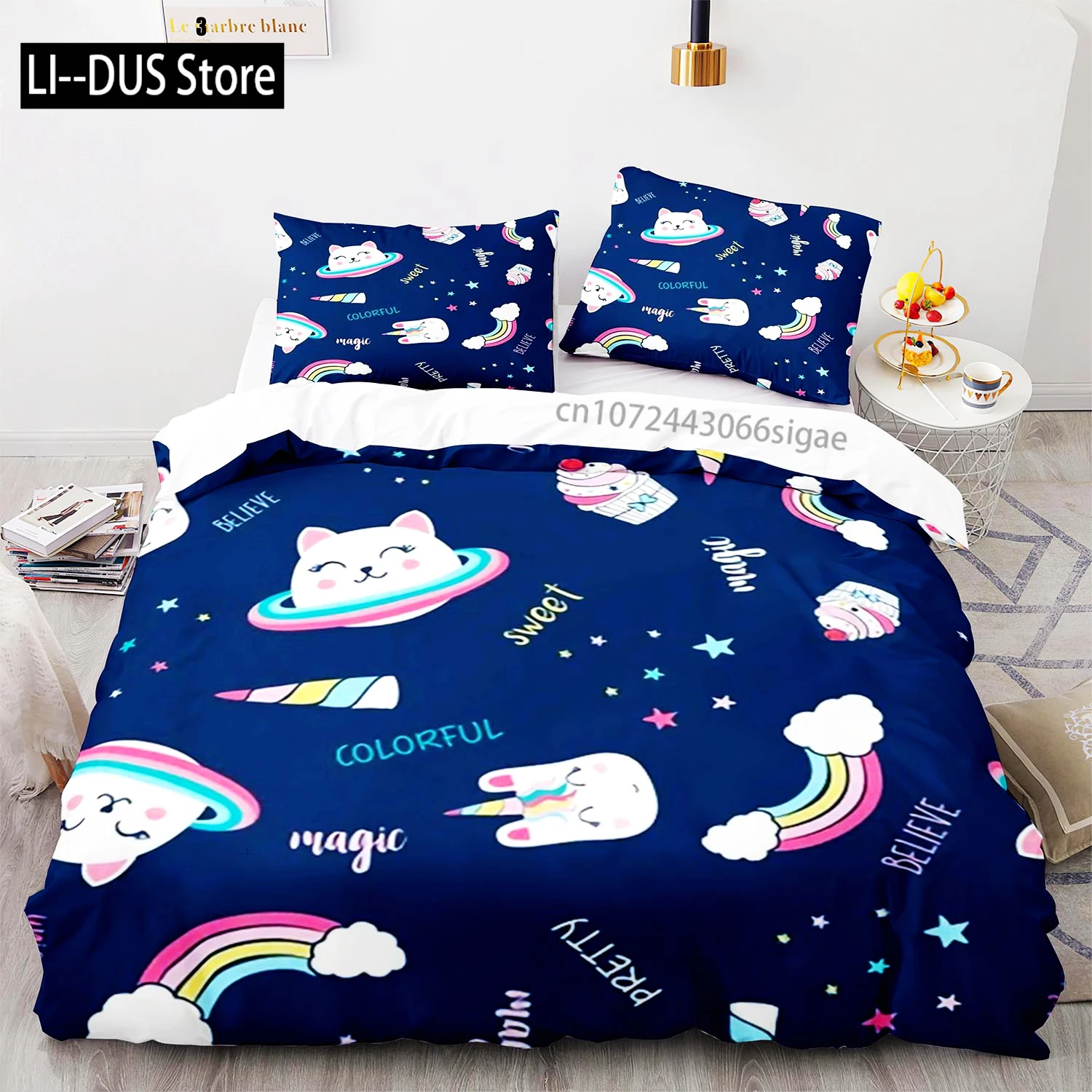 

Rainbow cat Bedding Set Single Twin Full Queen King Size Kawaii Girl Bed Set Aldult Kid Bedroom Duvetcover Sets 3D Anime 012