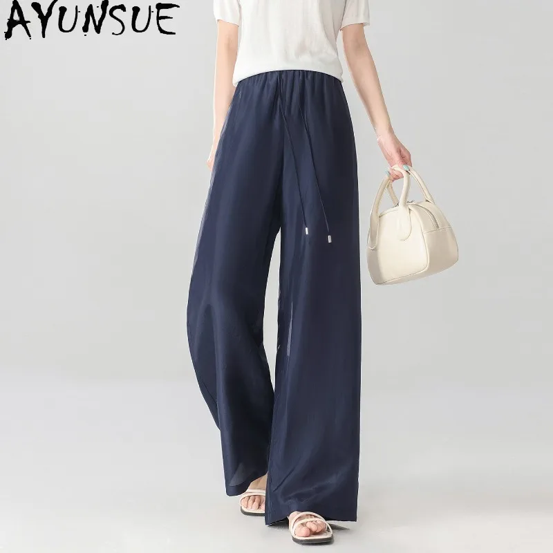 

AYUNSUE 100% Silk Women's Pants and Trousers High-waisted Drawstring Wide Leg Pants for Woman Loose Summer Pants Woman Clothes