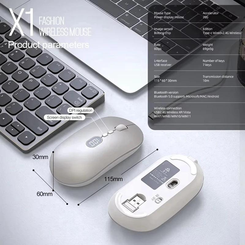 WISH Mouse per computer wireless con livello batteria visibile ricaricabile Mouse USB portatile 2.4G clic silenzioso per PC portatile