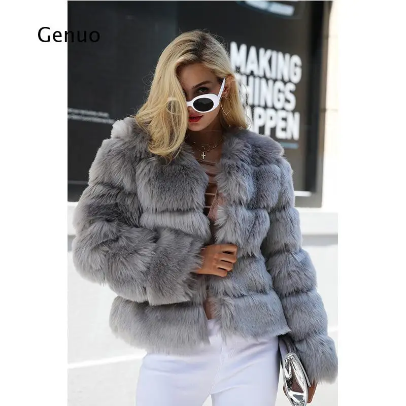 Women's Faux Fox Fur Coat Korean Style Warm Slim Fit Outerwear Elegant Fluffy Jacket for Winter Daily Party Streetwear