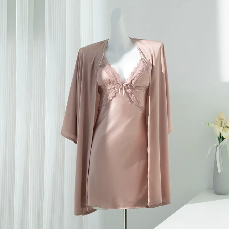 

Кружевной женский ночной халат, комплект из искусственного шелка, одежда для дома, сексуальная ночная рубашка, одежда для сна, летнее кимоно, домашнее платье