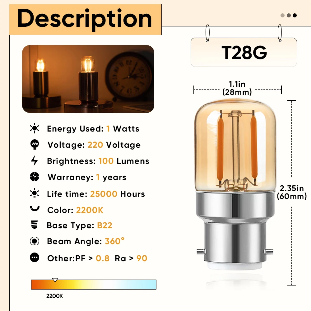 Imagem -03 - Vintage T28 Lâmpada Led 220v B22 Base 1w Mini Tubo Lâmpada de Filamento Lustre Retro Candeeiros de Mesa Decoração Interior Casa