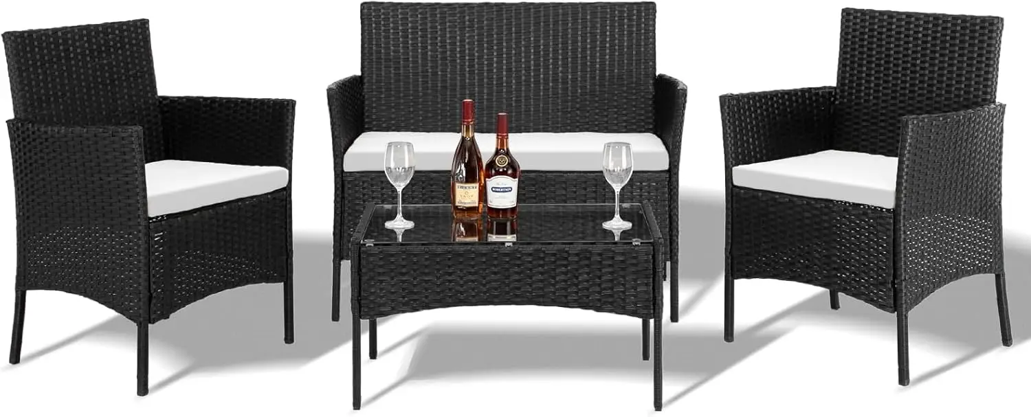 Patio Furniture Set,Conversation Sets with Loveseat Soft Cushion and Glass Table for Garden Backyard Balcony Porch Poolside