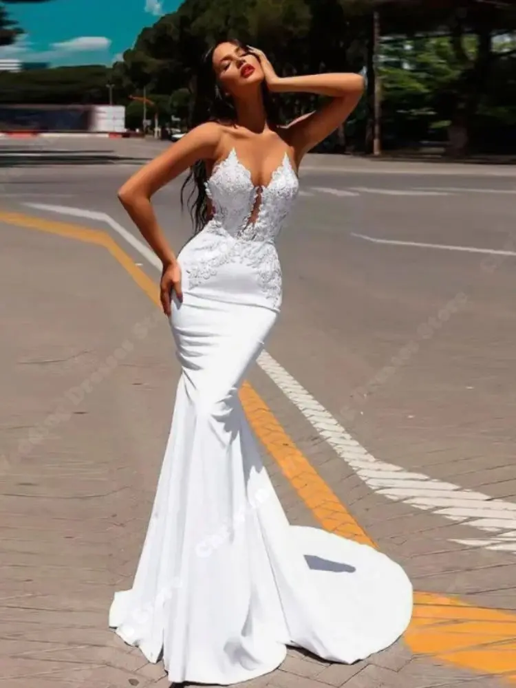 Graciosa mulheres vestidos de casamento cetim sereia vestidos de noiva mais novo sexy rendas apliques cinta espaguete vestidos de novia personalizado