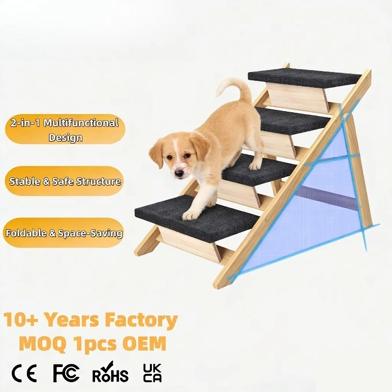 

2-in-1 Car Dog Stairs Load-Bearing Solid Wood Foldable Pet Ramp for Senior Dogs Bed Access