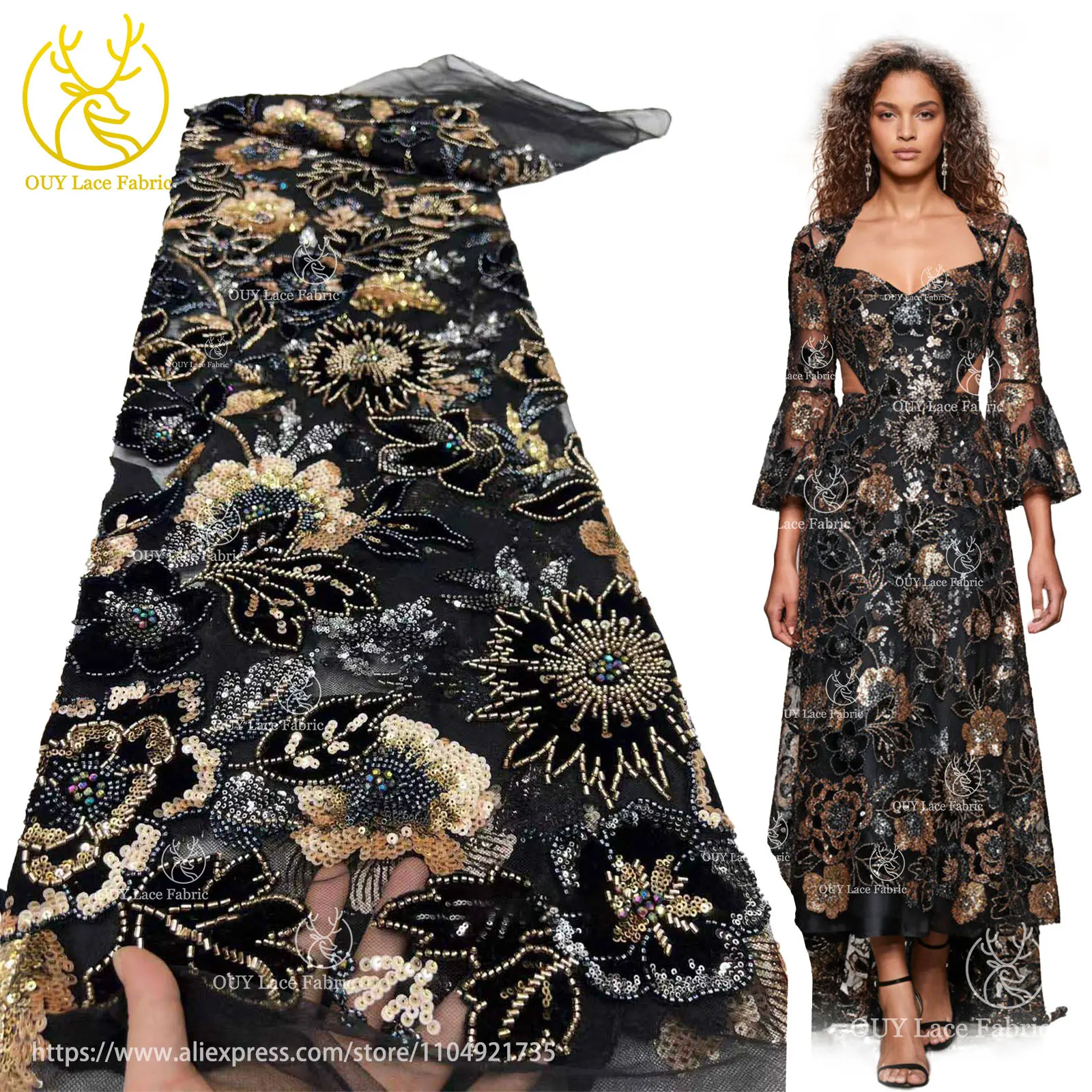

Latest 2025 Luxury Women's Velvet Mesh Lace Fabric 5 Yards Luxury French Groom Sequin Beaded Lace Fabric Wedding Dinner Dresses