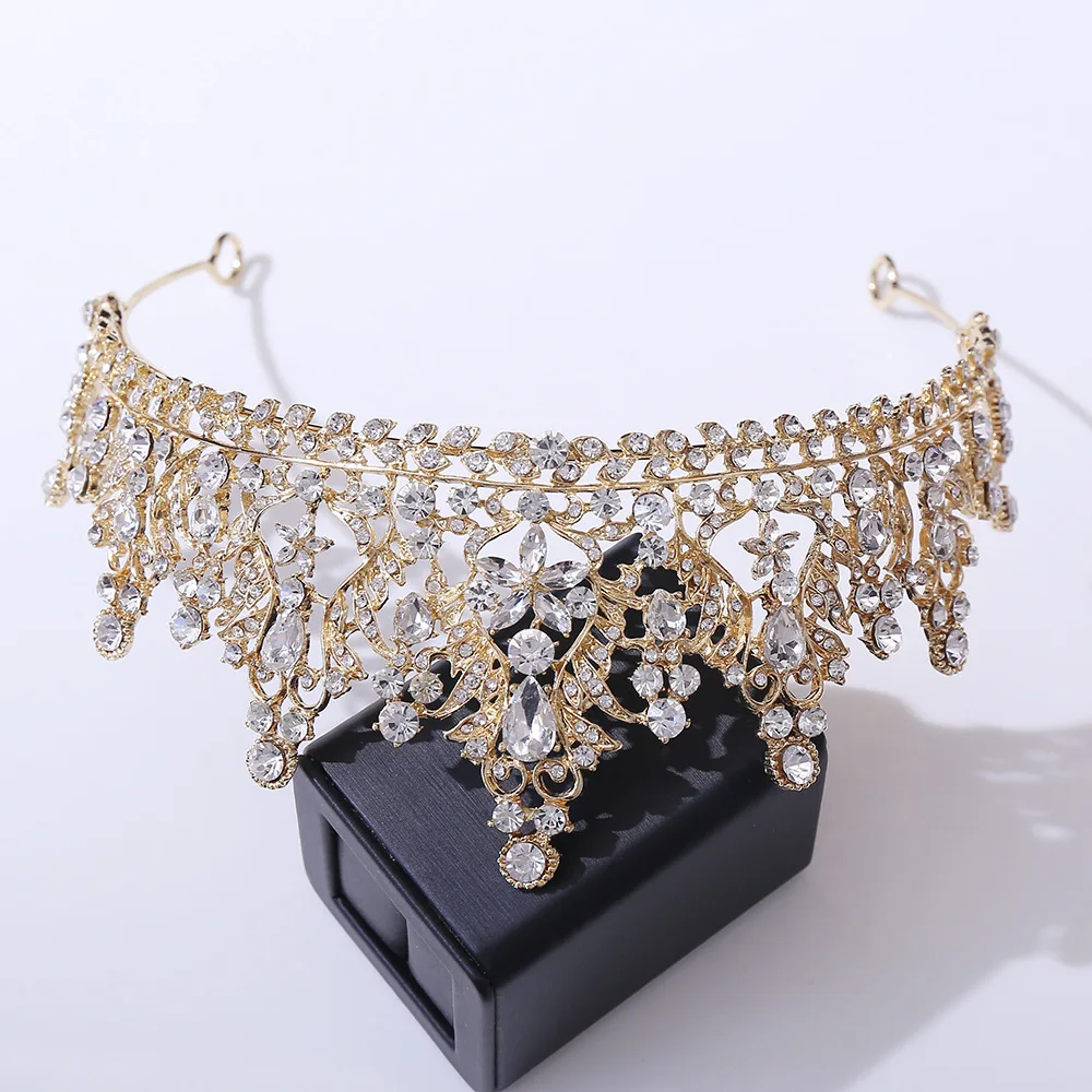 Baroque Korean Gold Color Rhinestone Crown Hair Accessories Luxury Crystal Tiara For Women Wedding Headdress Bridal Hair Jewelry