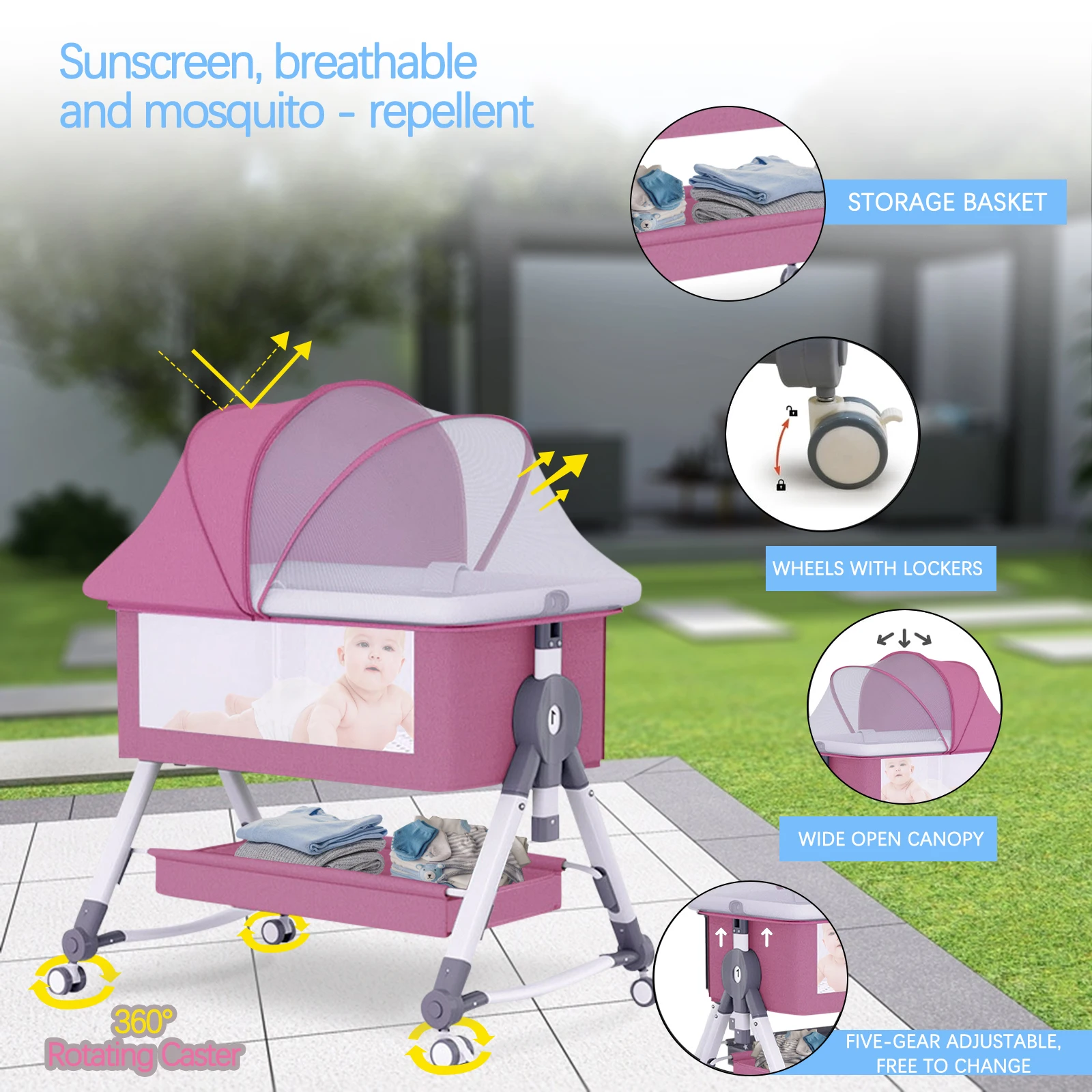 سرير أطفال محمول قابل للربط سرير قابل للطي ارتفاع قابل للتعديل 3 في 1 سرير نوم بجانب السرير مع عجلات ناموسية #6