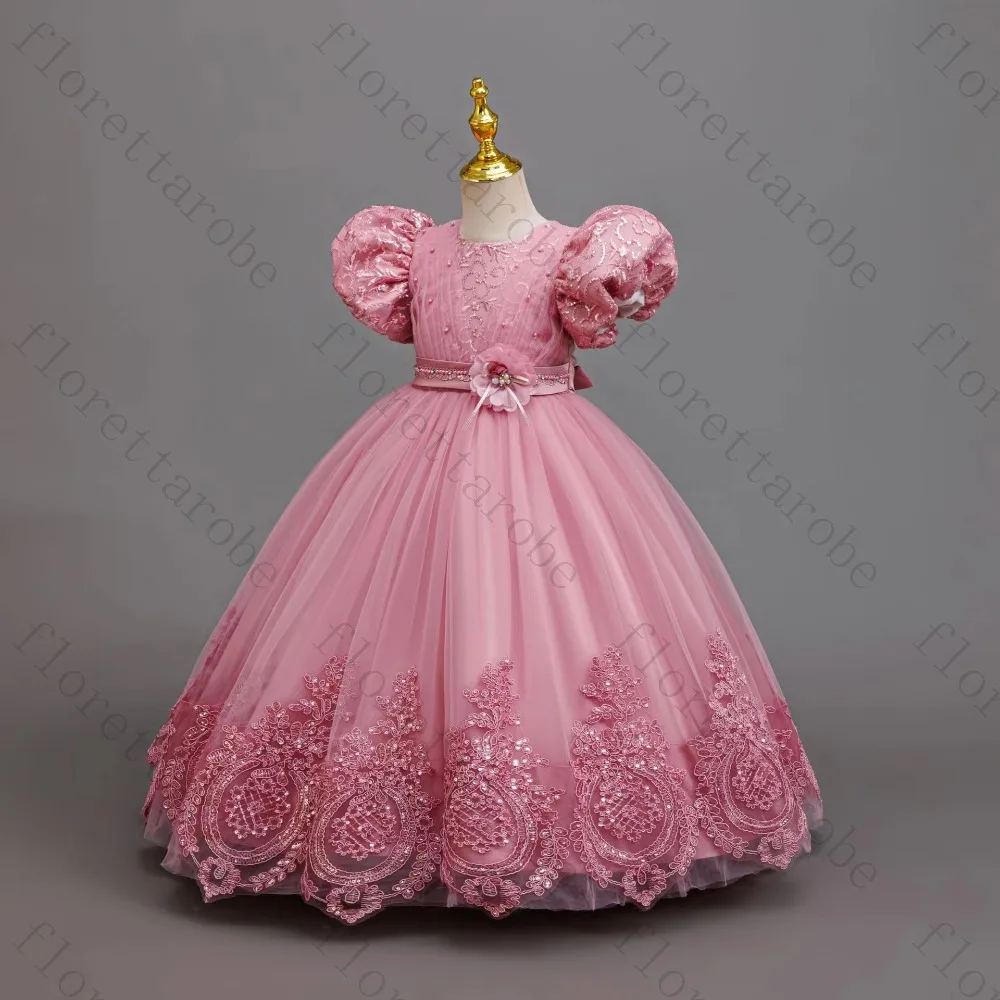 Customized Elegant Flower Girl Dress for Wedding Evening Dress Embroidered Bow Beads First Christmas Party Lace Prom Gonw