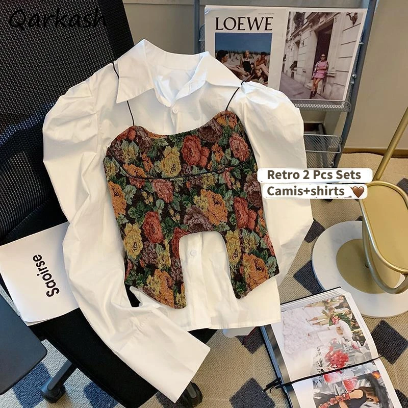 

2 Pieces Sets Women Long Sleeve White Shirts Bandage Irregular Camisole Y2k Clothes Outfits Korean Style Design Retro Females