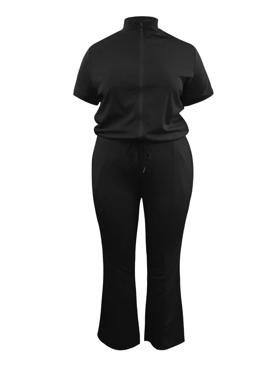 LW Plus Size Two pieces set Zipper Design short sleeve top & Flared Pants Set Autumn Casual women\'s matching tracksuit set