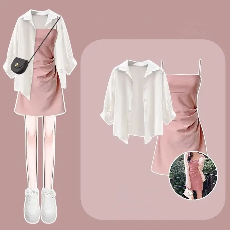 

2026 Women Spring/Summer New Fashion Sunscreen Shirt+Sexy Strap Skirt Two piece Suit Korean Elegant Cardigan Dress Matching Set