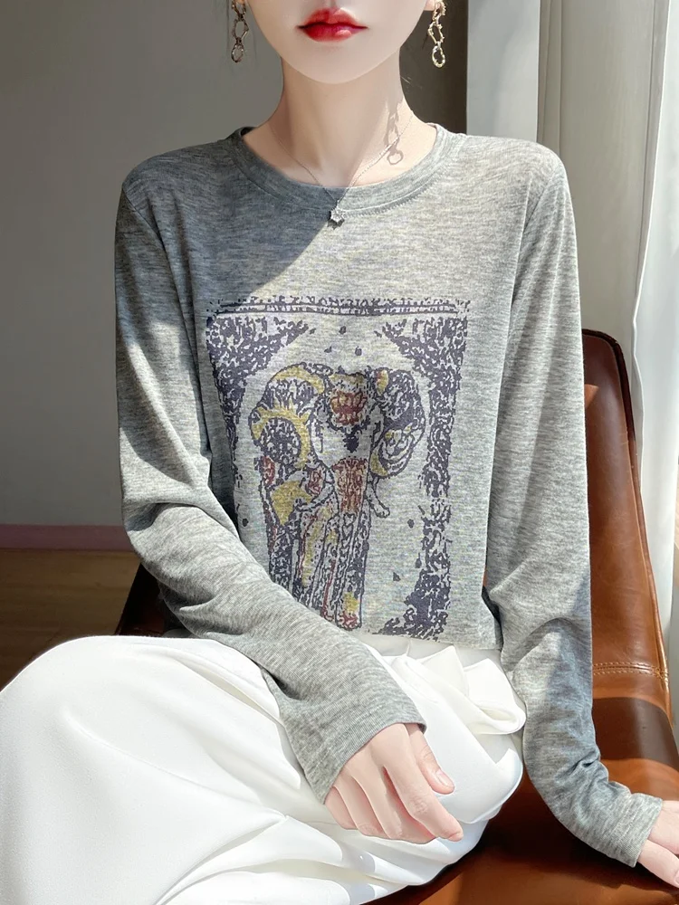 

Early Autumn Korean Style Versatile round Neck Silk Knitted Long Sleeve Women's Fashionable Small Elephant Print Design Loose...