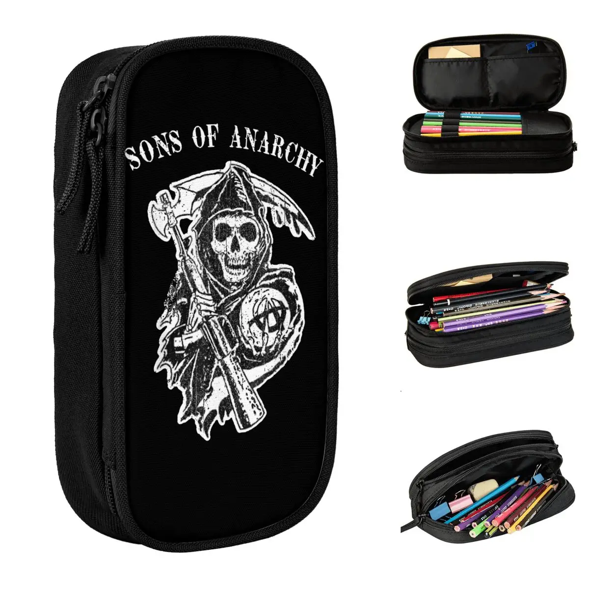 Large-capacity Pencil Case Sons Of Anarchys Horror TV Office Accessories Double Layer Pencil Bag Women Makeup Bag Gift