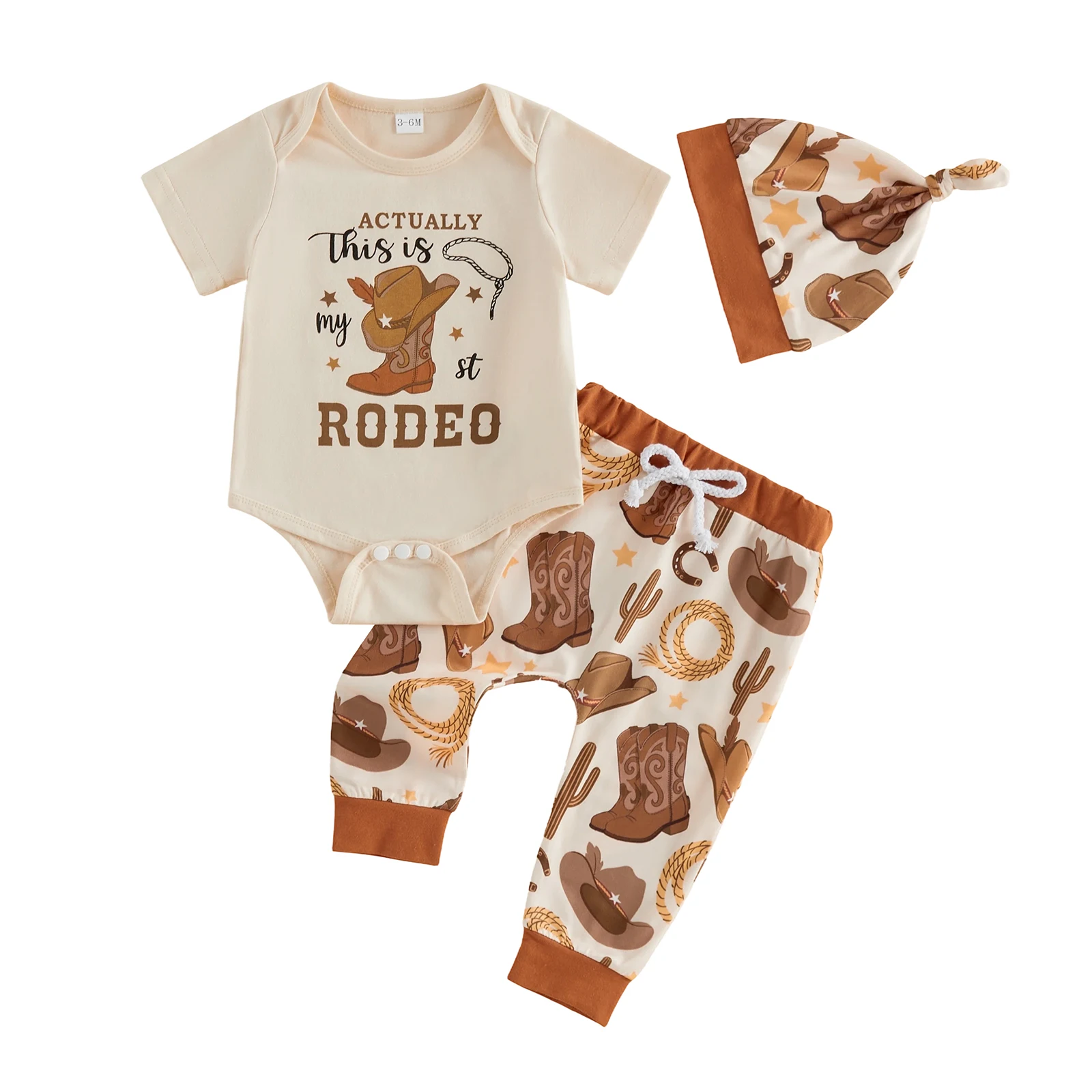 Baby Boy s Western Clothing Sets Fashionable Booties Print Short Sleeve Romper with Pants Hat 3Pcs Outfits